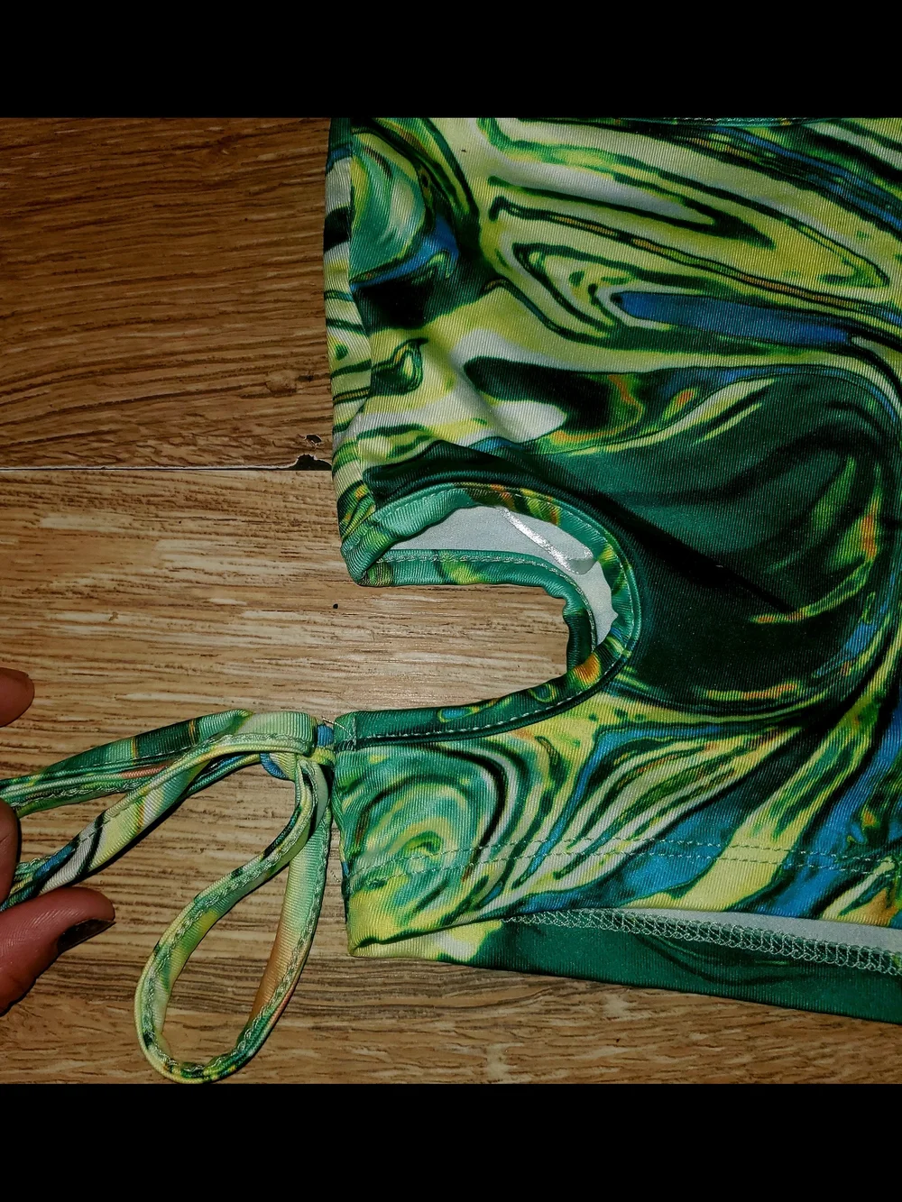 One-Shoulder Green & Yellow Marble Print Crop Top & Ruched Skirt Set